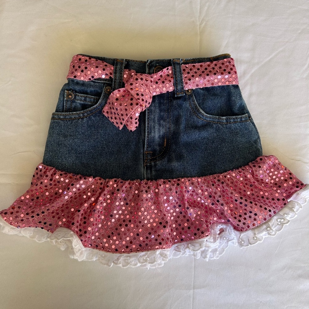 Western sequined Pink and Blue Kids Denim Skirt